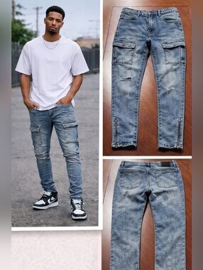 Distressed Skinny Cargo Jeans – Medium Wash, Zipper Hem Street Fit